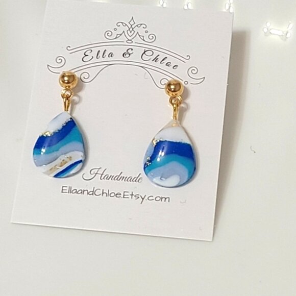 Boho Artisan Blue White Gold Ball Teardrop Gemstone Agate Inspired Drop Earrings - Picture 6 of 6